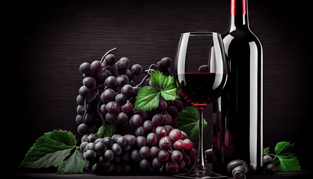 bottle of red wine with grapes