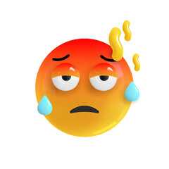 Emoji face very hot. Realistic 3d design. Emoticon yellow glossy color. Icon in plastic cartoon style isolated on white background. PNG. Illustration