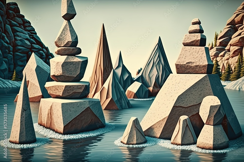 Poster beautiful image of many pyramids made of stone floating on a river generative ai
