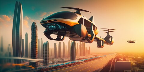 Future of urban air mobility, city air taxi, UAM urban air mobility, Public aerial transportation, Passenger Autonomous Aerial Vehicle AAV in futuristic city