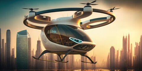 Future of urban air mobility, city air taxi, UAM urban air mobility, Public aerial transportation, Passenger Autonomous Aerial Vehicle AAV in futuristic city