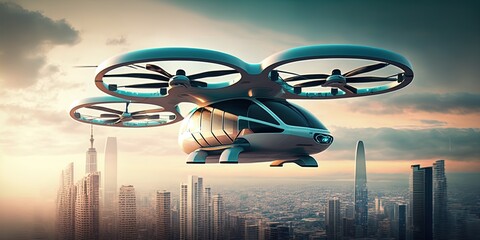 Future of urban air mobility, city air taxi, UAM urban air mobility, Public aerial transportation, Passenger Autonomous Aerial Vehicle AAV in futuristic city