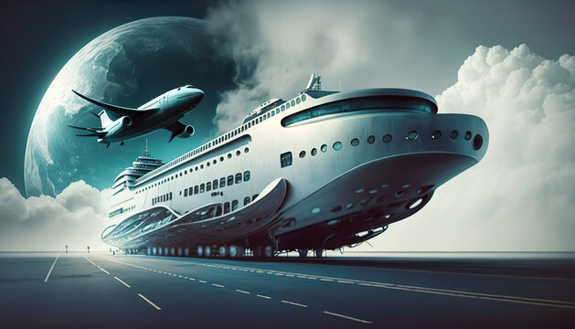 A fantastical image combining a cruise ship on a runway with a plane flying overhead, set against a moonlit sky, evoking a sense of dreamlike travel. This appears to be AI-generated.