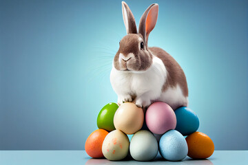 Fototapeta na wymiar Experience the joyful spirit of Easter with a lively rabbit bringing vibrant and colorful eggs | Cute and fluffy rabbit with painted eggs for the Easter day | Generative Ai | Bunny with copy-space
