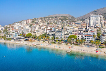 City Beach. Saranda. Albania. Promenade. Port. City. View from a height
