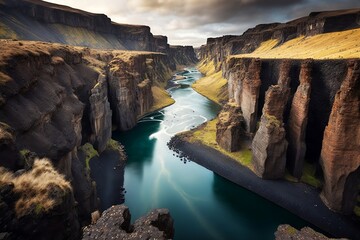 Studlagil: Exploring the Otherworldly Beauty of Iceland's Basalt Canyon. Illustration. Generative AI