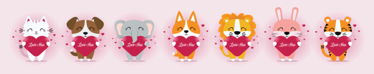 A Collection of Cute Animal Pictures with the Theme of Animal Love with Animal Movements Hugging a Heart Symbol That Says I Love You on Valentine's Day for Animals.