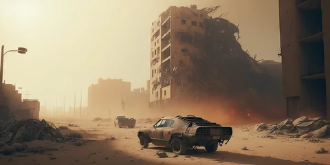Fotobehang Epic post-apocalyptic desert landscape on a sunny hot day with a storm coming in the background illustration art. Generative AI © Milos Stojiljkovic