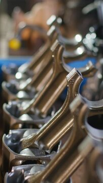 Vertical video. Six pistons with connecting rods lie in a row. The main details of the internal combustion engine. Car service workshop.