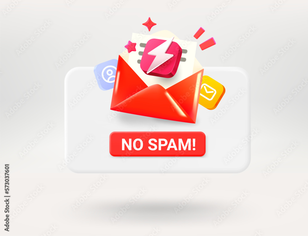 Fototapete Pop up window with red button NO SPAM. No spam concept. 3d vector illustration
