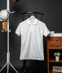 The mockup features a polo shirt with minimalist accents, hung beautifully to showcase its understated yet stylish appeal