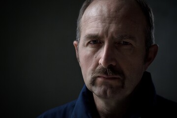 Close-up portrait of a middle aged man with moustache, being serious