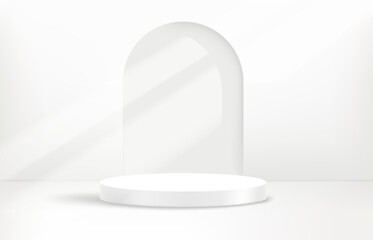 illuminated empty bright interior with podium. Design template. 3d vector background