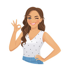 Young beautiful woman gesturing ok sign isolated vector illustration