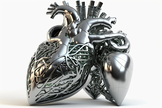 mechanical metal heart of a cyborg robot made of anatomical motor shape on white background. Generative AI