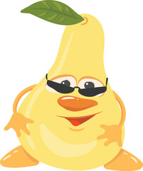 Cheerful yellow cute funny pear with a leaf in black sunglasses. Vector isolated image on a white background for a postcard or sticker.
