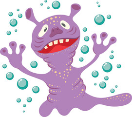 Cheerful cute fantastic monster. Lilac creature with a background of bubbles. Vector isolated image for t-shirt stickers magnets and postcards