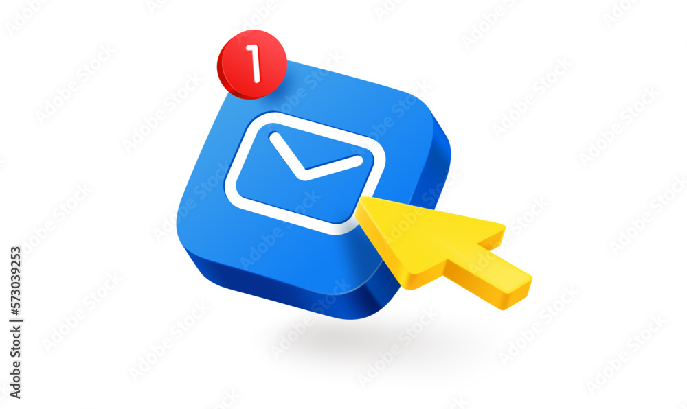 Poster pressing on a new message button. 3d vector illustration