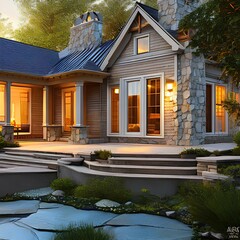 5 A home with a wrap-around porch and a stone fireplace as the focal point 1_SwinIRGenerative AI