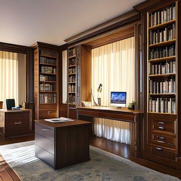 18 A home with a home office with built-in shelving and a large desk 3_SwinIRGenerative AI