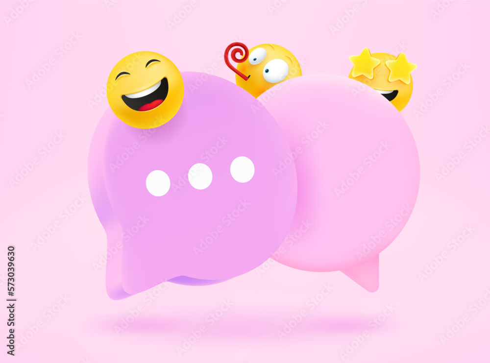 Poster pink speech clouds with emojis. conversation concept. 3d vector icon