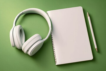 Notepad, pen and white headphones on a green background. AI generative.