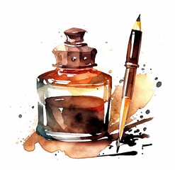 Pen and inkwell watercolor illustration for composition - obrazy, fototapety, plakaty