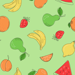 Fruit  and berries in doodle style,  pattern  seamless . Food, vector drawing, sketch. Contour illustration on colored spots. Isolated background.	