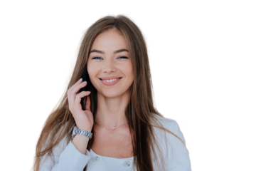 Close up portrait of cheerful blonde young woman talking by phone, smiling wide looks at camera. Attractive Italian businesswoman using cellphone against transparent background. Mockup, communication