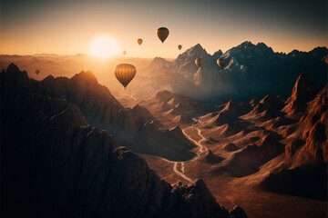 A landscape with mountains and flying balloons
