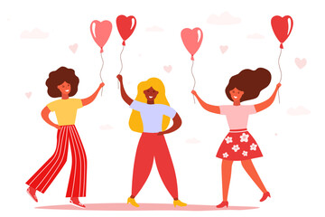 Beautiful cheerful women dance, rejoice with balloons. Happy bright females in spring against the background of hearts, clouds. Simple flat graphics.