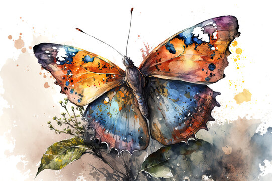 colorful butterfly in style of aquarelle, ai generated