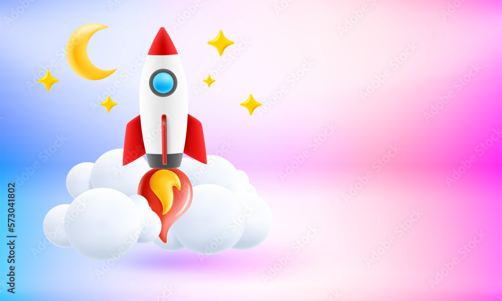 Poster space ship launching. start up concept. 3d vector banner with copy space