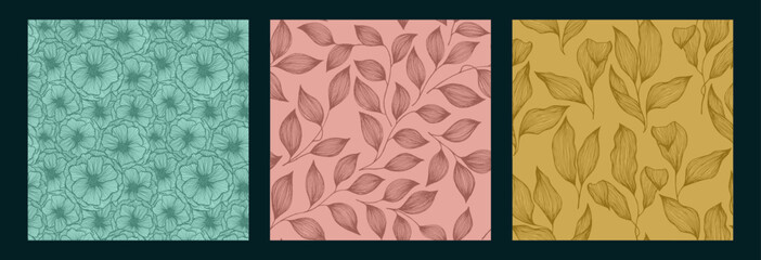 Tree branch leaves and flowers sketch doodle hand drawn vector seamless pattern collection.