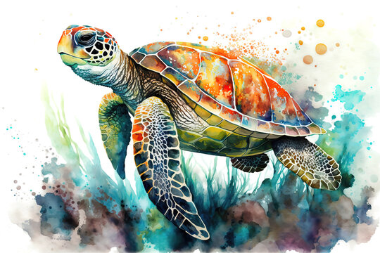 cute turtle in style of aquarelle, ai generated