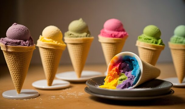  a group of ice cream cones sitting on top of a table.  generative ai