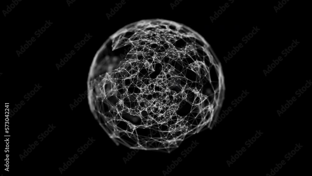 Poster abstract plexus sphere made of white dots and lines on a black background. 4k looped animation.