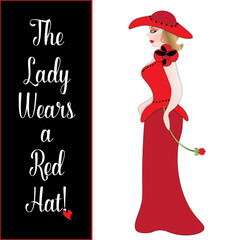 A lady wears a red hat text isolated on black background with a lady in a red dress and hat graphic isolated on white.