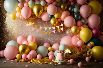 Pink and Metallic Gold Balloon Backdrop Wedding Shower Party Birthday Celebration Generative AI