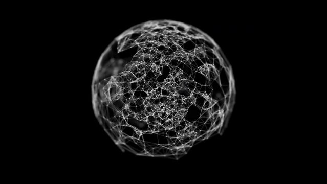 Abstract plexus sphere made of white dots and lines on a black background. 4k Looped animation.