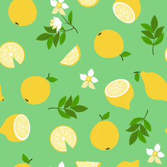  Set of lemons . Whole lemons and lemon wedges with leaves and flower. Vector illustration. Isolated background.