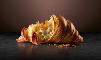  a croissant with bacon and cheese on it on a table.  generative ai