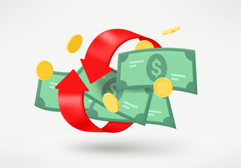 Cashback concept with arrows and money. 3d vector illustration
