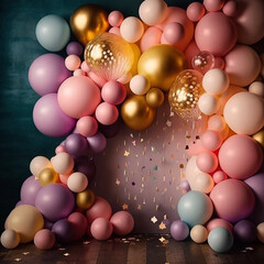Fototapeta na wymiar Pink and Metallic Gold Balloon Backdrop Wedding Shower Party Birthday Celebration Generative AI