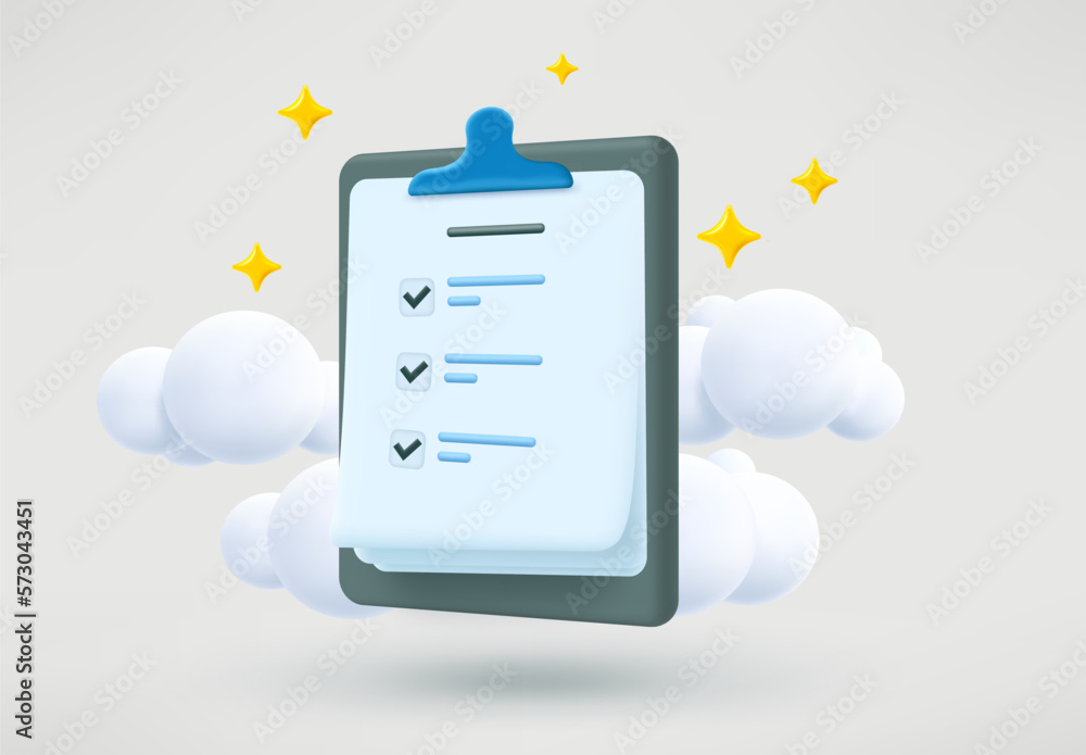 Poster survey questions list on the clipboard. business report concept. 3d vector illustration