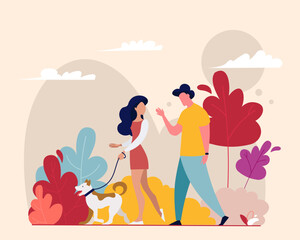 flat illustration, website header, guy and girl walking the dog