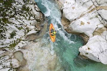 Kayak heading down the Soca River in Slovenia