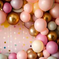 Pink and Metallic Gold Balloon Backdrop Wedding Shower Party Birthday Celebration Generative AI