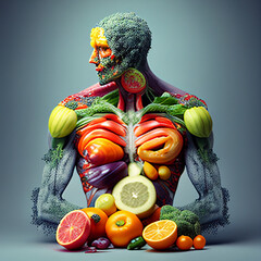 The human body in the form of fruits and vegetables, created using Generative All Technology