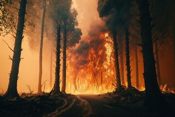 Naklejka premium Natural disaster: Forest is on fire. Wildfire at night. Burning trees, clouds of smoke. AI